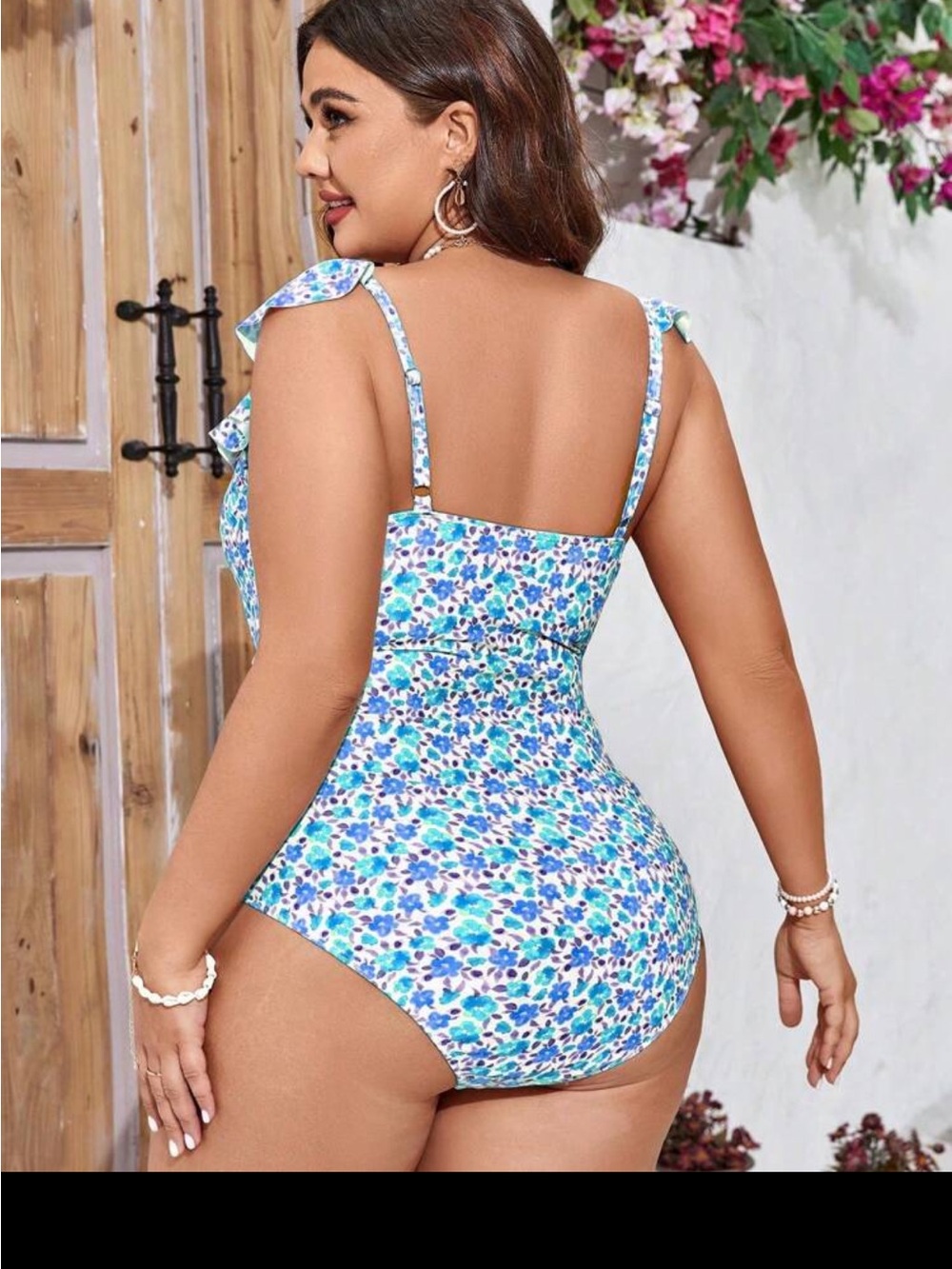Plus-Size Floral Ruffle One Piece Swimsuit - Blue/Teal - Picture 2 of 7